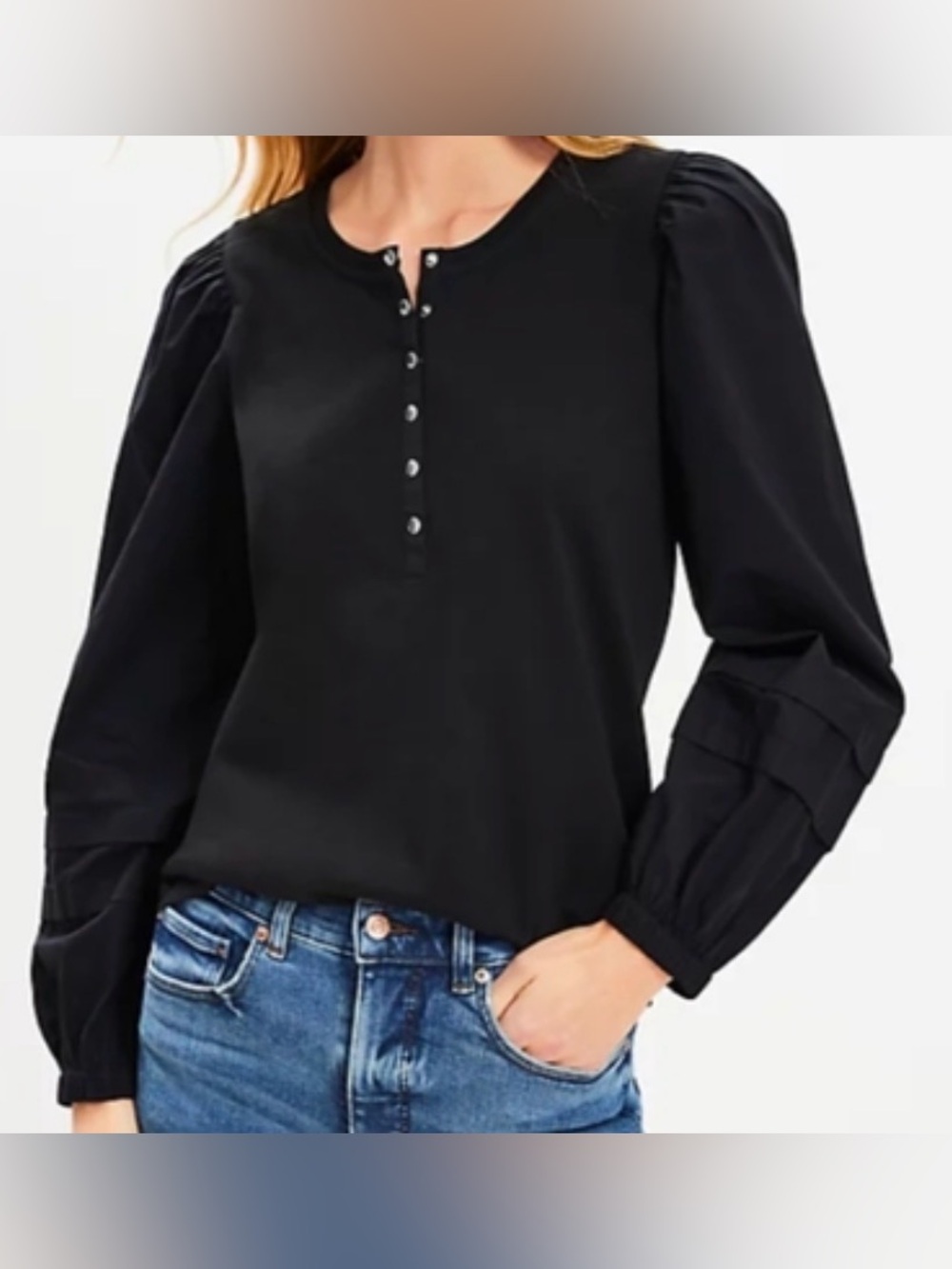 LOFT size SMALL BLACK Puff-Sleeve Snap ButtonTop